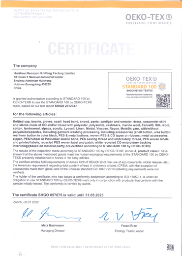Oeko-Tex Standard Certificate